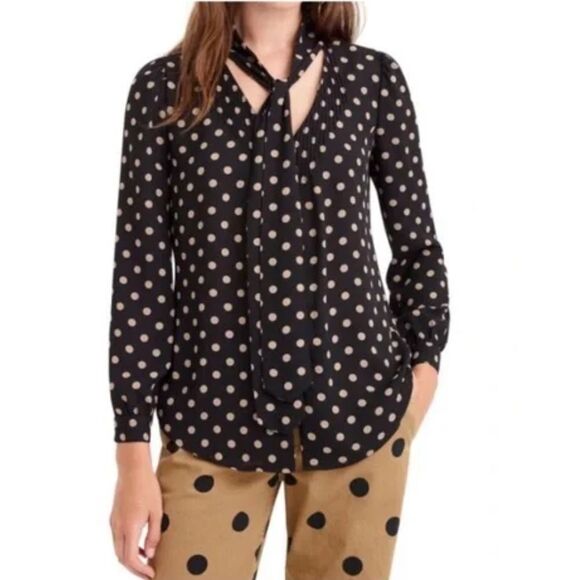 J. Crew 365 Women's Black Tan Polka Dot Tie Neck Blouse Size‎ 6 - Picture 1 of 15